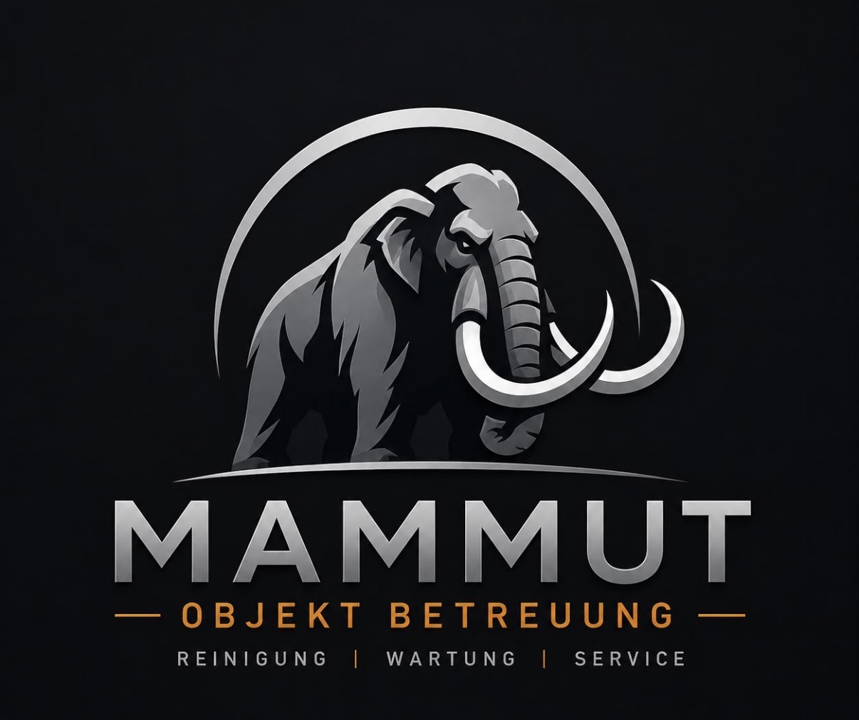 Mammut Objekt Betreuung – Logo mit Mammut, silberner Wortmarke und orangenen Akzenten